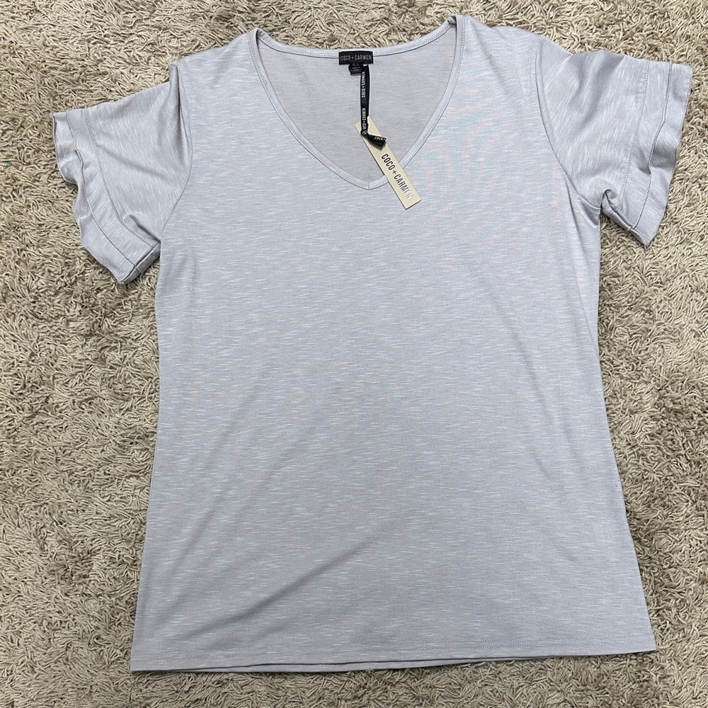 New with Tags Coco + Carmen Light Gray V-Neck ruffle Short Sleeve Tee